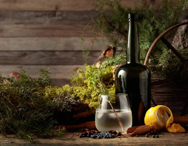 Gin Tonic Cocktail Med Och Ingredienser Enbär Citron Anis Och — Stockfoto