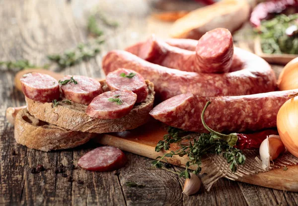 Sausage Bread Spices Old Wooden Table Dry Cured Sausage Thyme — Stock Photo, Image