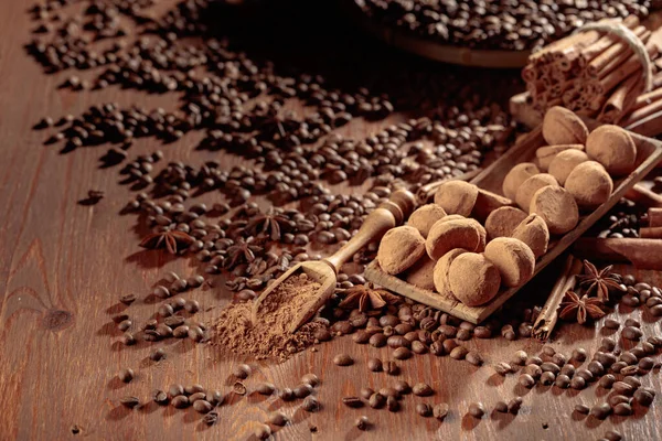 Truffes Chocolat Cuillère Bois Avec Poudre Cacao Délicieuses Truffes Chocolat — Photo