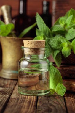 Taze nane yaprakları ve içinde nane yağı bulunan küçük bir şişe. Eski ahşap bir arka planda bitkisel ilaçlar var..