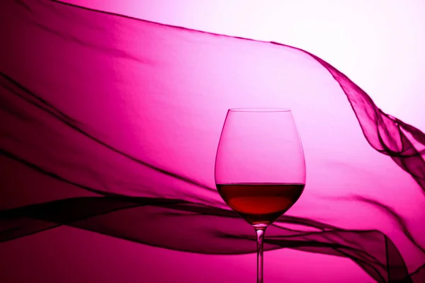 Glass Red Wine Background Waving Satin Curtain Purple Backlit — Stock Photo, Image