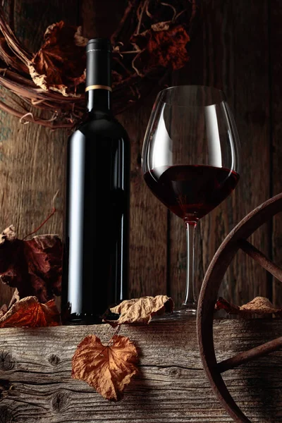 Flasche Und Glas Rotwein Auf Einem Alten Holztisch Mit Vertrockneten — Stockfoto