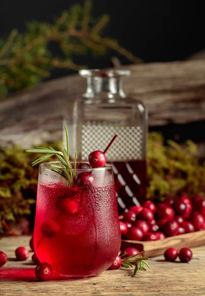 Cranberry Cocktail Dengan Alami Dan Rosemary Kaca Beku Lumut Latar — Stok Foto