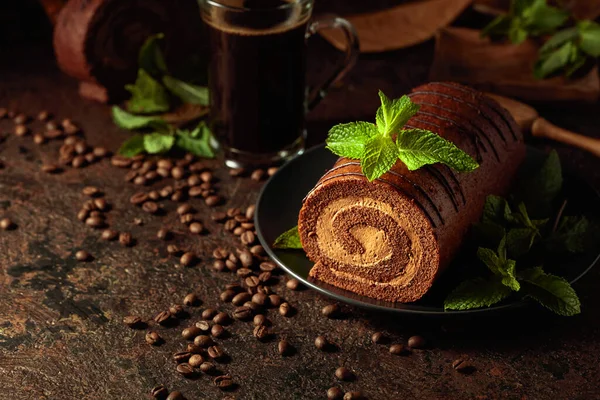 Homemade Chocolate Cake Mint Mug Black Coffee Brown Table — Stock Photo, Image