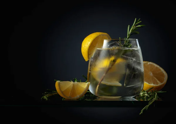 Koktejlový Gin Tonikem Ledem Citrónem Rozmarýnem Zmrzlé Sklenici — Stock fotografie