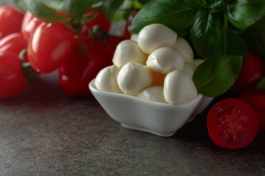 Eski bir taş masada fesleğen ve domatesli Mozzarella peyniri. Geleneksel İtalyan atıştırması.