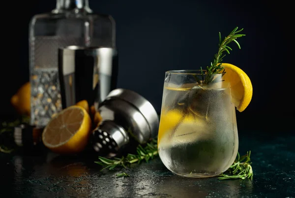 Cóctel Gin Tonic Con Hielo Limón Romero Bebida Refrescante Con — Foto de Stock