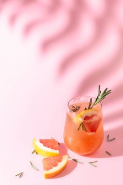 Greyfurtlu, biberiyeli ve buzlu yaz kokteyli. Pembe arka planda, palmiye yaprağı gölgesiyle iç. Yaz, tropikal, taze kokteyl konsepti.