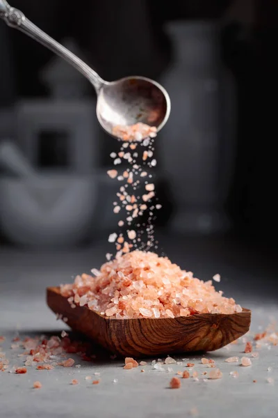 Himalayan Pink Salt Crystals Poured Small Wooden Bowl — Stock Photo, Image