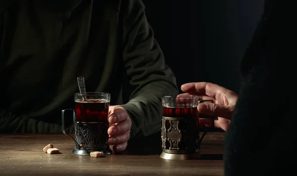 Male Conversation Table Traditional Russian Glass Holders Hot Tea Selective — Fotografia de Stock