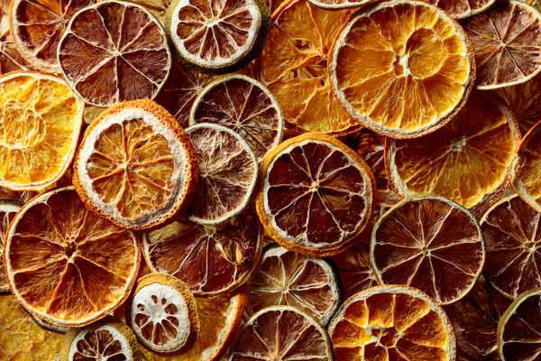 Getrocknete Zitrusfrüchte Hintergrund Getrocknete Knusprige Fruchtscheiben Gesunde Mahlzeit Snack Ansicht — Stockfoto