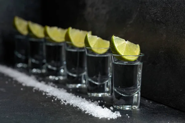 Tequila Lime Sea Salt Background Black Slate —  Fotos de Stock