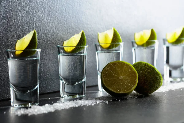 Tequila Lime Sea Salt Background Black Slate Selective Focus — Stock Photo, Image
