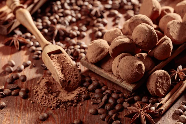 Chocolate Truffles Wooden Spoon Cacao Powder Delicious Chocolate Truffles Cinnamon — Stock Photo, Image