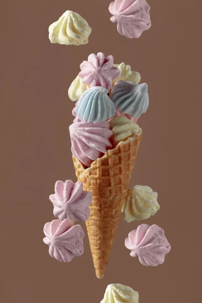 Homemade Colorful Meringue Waffle Cone Brown Background — ストック写真