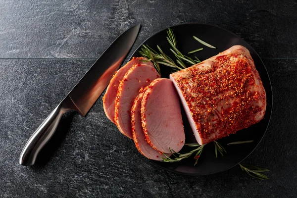 Spicy Smoked Ham Rosemary Kitchen Knife Black Stone Table — Stok fotoğraf