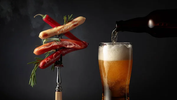 Hot Sausages Rosemary Red Pepper Beer Black Background — Stockfoto