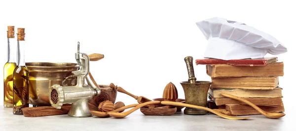 Chef Hat Vintage Cookbooks Old Kitchen Utensils Isolated White Background — Stock Photo, Image