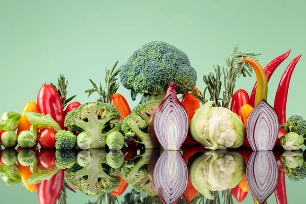 Composition Various Raw Vegetables Green Background Conceptual Image Topic Vegetarianism — Foto Stock