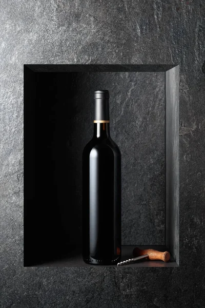 Bottle Red Wine Black Stone Background Copy Space — стоковое фото