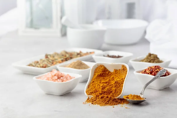 Curry Various Spices Kitchen Table — Stock Photo, Image
