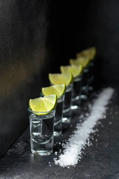 Tequila Lime Sea Salt Background Black Slate — Foto Stock