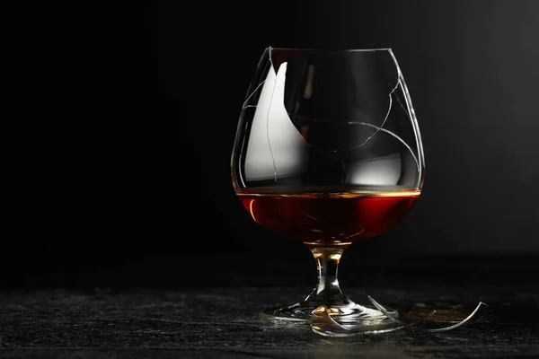 Brandy Broken Glass Black Background Copy Space — Stockfoto