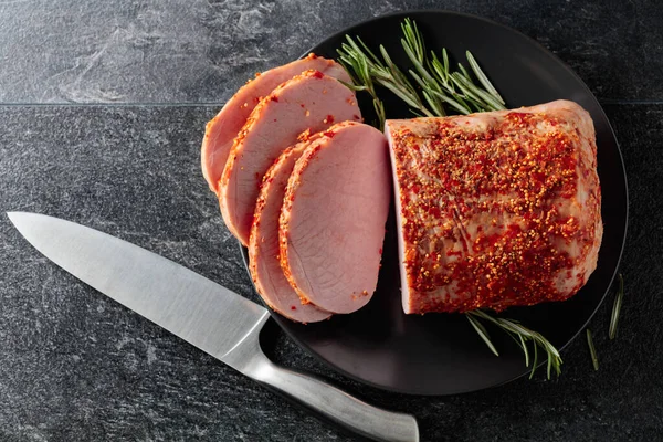 Spicy Smoked Ham Rosemary Kitchen Knife Black Stone Table — Stok fotoğraf