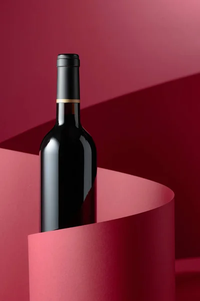 Bottle Red Wine Red Background — Stock Photo, Image