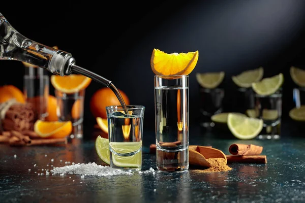 Tequila Poured Glass Tequila Lime Salt Tequila Orange Cinnamon — стоковое фото