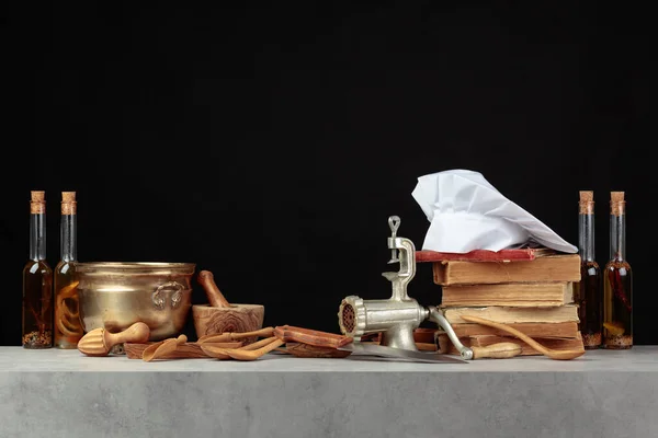 Chef Hat Vintage Cookbooks Old Kitchen Utensils Kitchen Table Copy — Stock Photo, Image