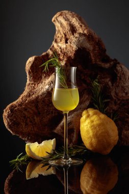 Traditional Italian liquor Limoncello. Lemon liquor with a rosemary branch on a black background with an old snag.
