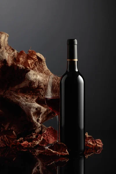 Bottle of red wine. In the background old driftwood and dried-up vine leaves. Frontal view with space for your text.