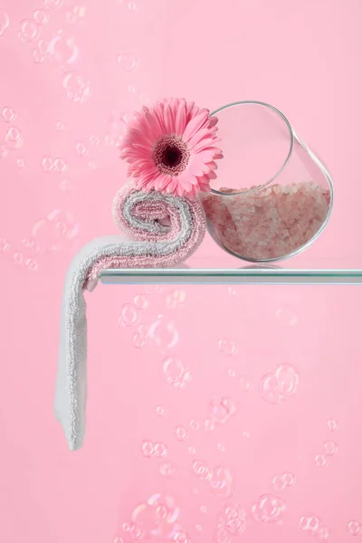 Spa Composition Pink Salt Gerber Towels Pink Background Bubbles Copy — Stock Photo, Image