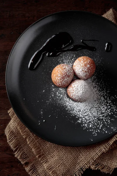 Balls Freshly Baked Homemade Cottage Cheese Doughnuts Chocolate Sauce Sprinkled — Photo
