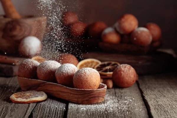 Balls Freshly Baked Homemade Cottage Cheese Doughnuts Sprinkled Sugar Powder — ストック写真
