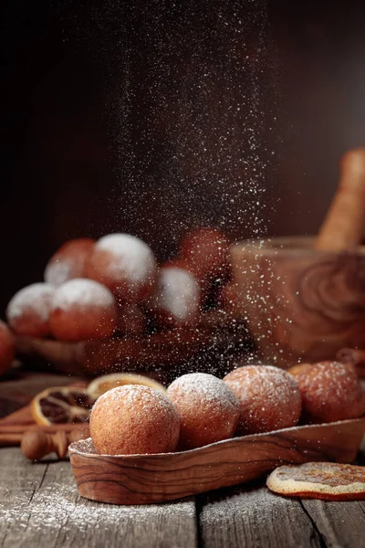 Balls Freshly Baked Homemade Cottage Cheese Doughnuts Sprinkled Sugar Powder — стоковое фото