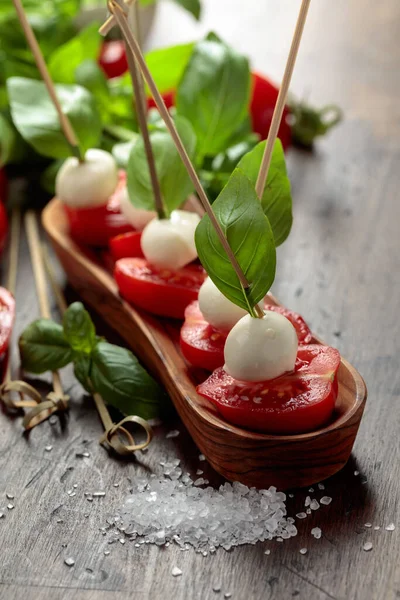 Mozzarella Basil Sea Salt Tomatoes Old Wooden Table Traditional Italian — Photo