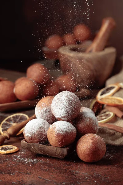 Balls Freshly Baked Homemade Cottage Cheese Doughnuts Sprinkled Sugar Powder — ストック写真