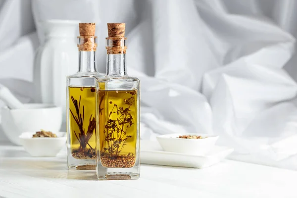 Bottles Olive Oil Spices White Wooden Table Copy Space —  Fotos de Stock
