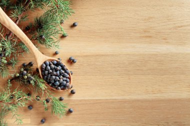 Eski ahşap bir masanın üzerinde ardıç tohumları olan tahta kaşık. Boşluğu kopyala.