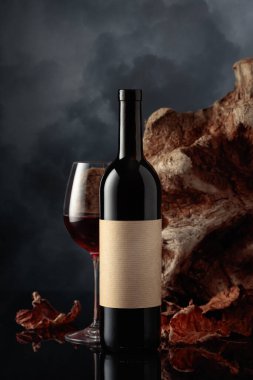 Eski etiketli bir şişe kırmızı şarap. Arka planda eski dallar, kurumuş asma yaprakları ve karanlık bulutlu bir gökyüzü. Metnin için alanı olan ön görünüm.