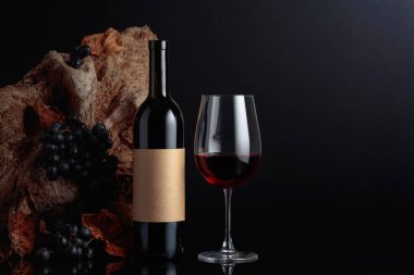 Bottle of red wine with empty label. In the background old snag and grapes with dried-up vine leaves. Copy space.