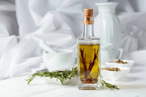 Olive Oil Rosemary Spices White Wooden Table —  Fotos de Stock