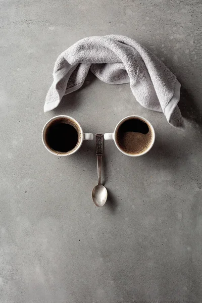 Coffee Concept Grey Stone Background Coffee Cups Towel Spoon Composition — Stockfoto