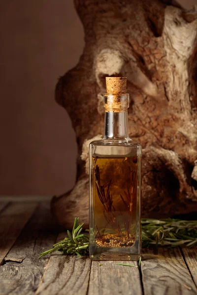 Olive Oil Rosemary Spices Old Wooden Table Copy Space — Stockfoto