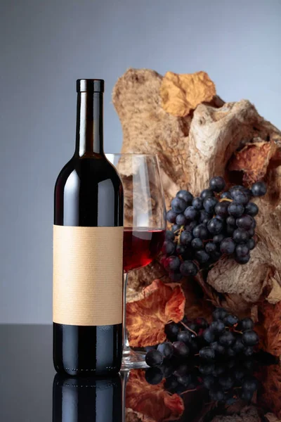 Bottle Red Wine Empty Label Background Old Snag Grapes Dried — Stock Fotó