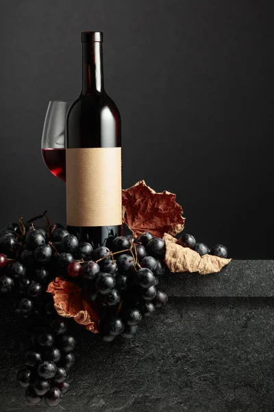 Juicy Blue Grapes Red Wine Black Background Bottle Old Empty — Stock Photo, Image