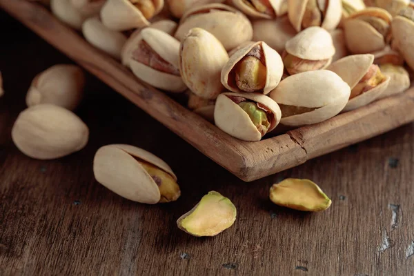 Salted Pistachios Dish Old Wooden Table — ストック写真