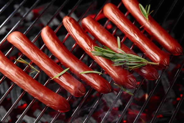 Grilled Sausages Grill Smoke Dark Background — Stock Photo, Image